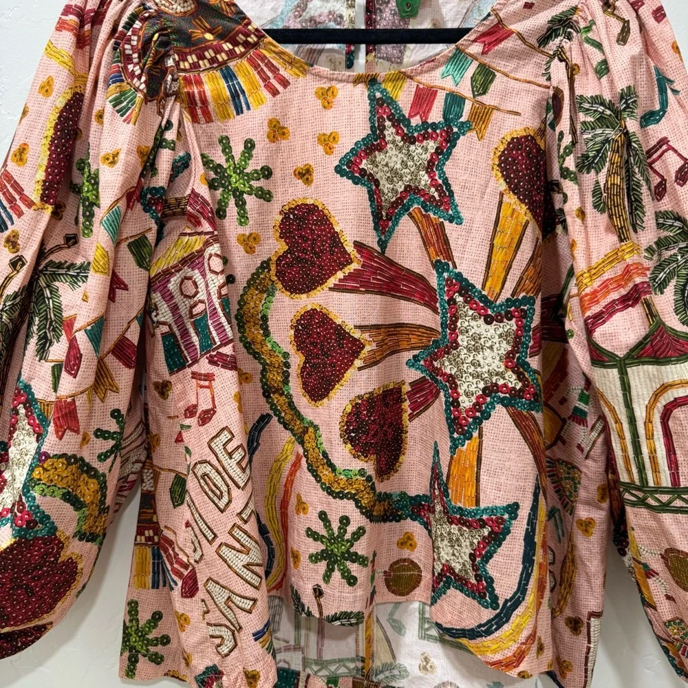 EUC FARM Rio Women's Size G (Med/Large) Printed Blouse Multi Color Puff Sleeves